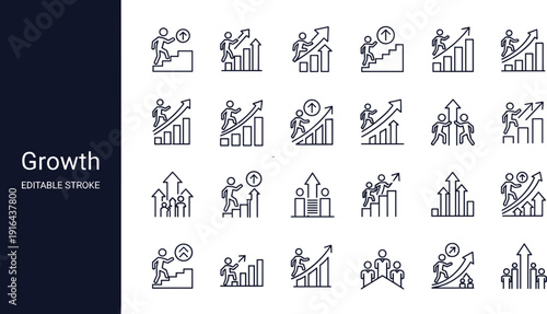 Business growth and success line icons collection with increasing charts, career progress, performance improvement, and leadership vector outline set