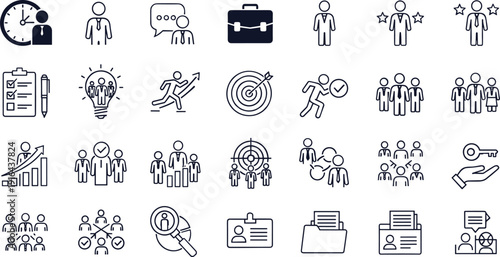 Business management icons set line outline style leadership teamwork strategy target growth human resources vector illustration collection isolated background design