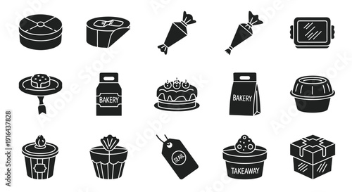 Collection of bakery, dessert, and snack icons including cakes, pastries, snacks, and packaging