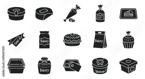 Collection of bakery and cake shop icons including cakes, pastries, packaging, and takeout containers