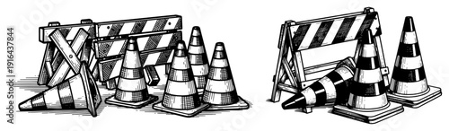 Road construction safety equipment with traffic cones and barriers in engraving style