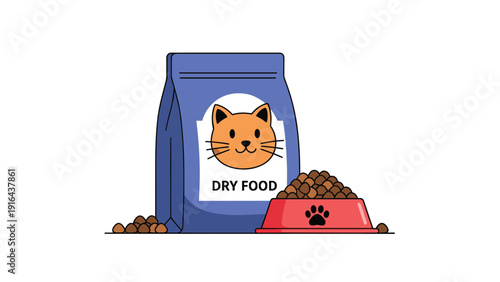 Large bag of dry cat food stands next to a red bowl filled with nutritious kibble pieces for pets on a white background.