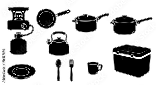 Collection of cookware and dining essentials including a blender, frying pan, saucepans, kettle, picnic box, plate, fork, spoon, and mug