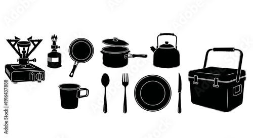 Collection of camping cookware and utensils including stove, gas canister, pan, pot, kettle, mug, plate, cutlery, cooler