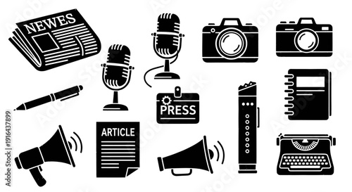 Collection of black and white icons representing journalism, media, and communication tools