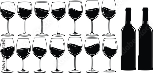 Wine glass and bottle silhouettes set showing multiple filled glasses and bottles, minimalist alcohol drink collection isolated on white background for bar, restaurant, winery design