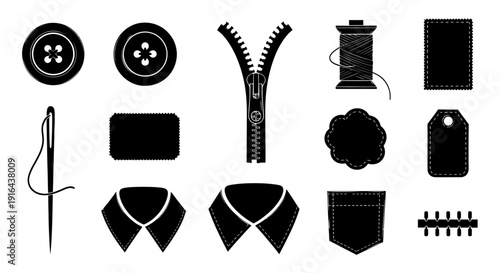 Collection of sewing tools and accessories including buttons, zippers, thread, fabric, and tags