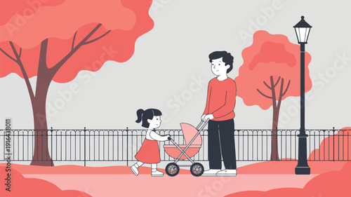Man and little girl pushing baby carriage together in scenic park setting vector graphic