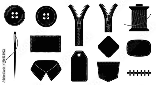Collection of sewing and tailoring tools including buttons, zippers, thread spool, scissors, pins, and fabric patches