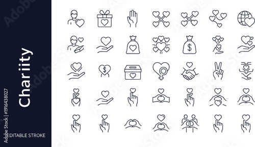 Charity and donation line icons collection with heart, helping hands, support, love, fundraising, and humanitarian aid vector outline set