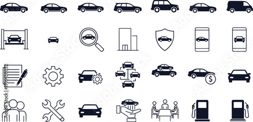 Car icons set line outline style vehicle transportation automotive service dealership insurance repair maintenance vector illustration collection isolated background design elements
