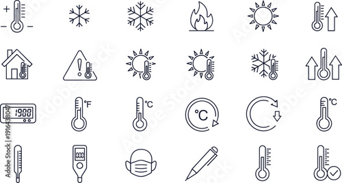 Temperature and weather line icons collection with thermometer, sun, snowflake, fire, Celsius, Fahrenheit, and climate control vector outline set