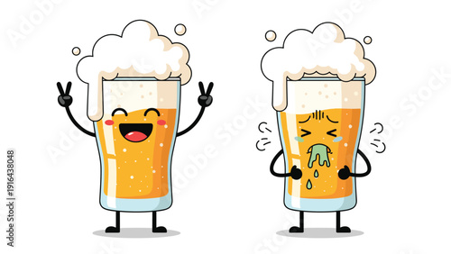 Comparison of a happy beer glass character with a celebratory expression and a sick one with a nauseous look.