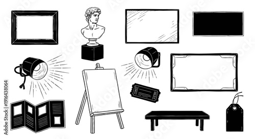 Collection of various art and display objects including lamps, frames, bust, accordion, table, tag, and an easel