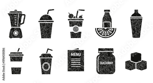 Collection of black and white icons of smoothies, drinks, and related items in a simple, hand-drawn style