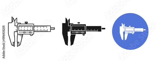 Digital and analog calipers illustration with blue circle background