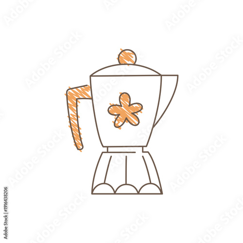 A classic moka pot stovetop coffee maker with a decorative flower sketch on its body showing the lower chamber and upper coffee chamber Simple loose line drawing Line art vector illustration