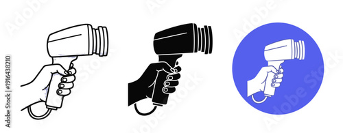 Hand holding hair dryer icon set: black and white, blue circle background