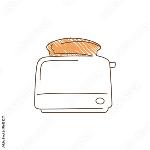 A minimalist toaster sketch with a popped up toasted bread slice showing diagonal hatch lines and simple details like a button and handle Line art vector illustration
