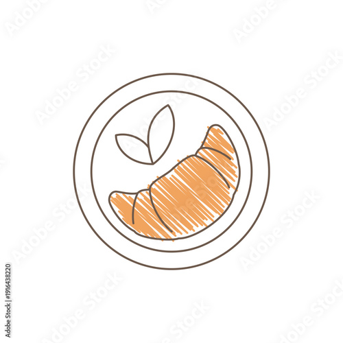 A flaky croissant on a plate with a decorative leaf sprig simple hand drawn sketch with minimal lines and shading showing layered pastry texture Line art vector illustration
