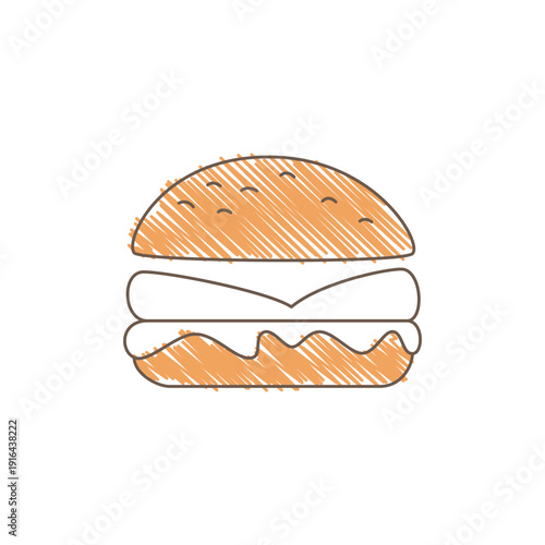 A detailed burger sketch showing a bun with texture and internal layers of patty cheese and lettuce minimalistic hand drawn style with simple lines and shading Line art vector illustration