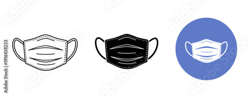 Set of three face mask icons: outline, silhouette, and blue background variations