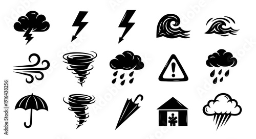 Collection of weather-related icons including storms, clouds, rain, wind, and safety symbols