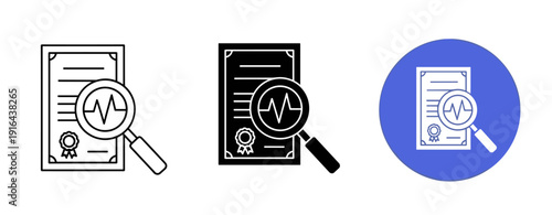 Document search icon set with magnifying glass and certificate design