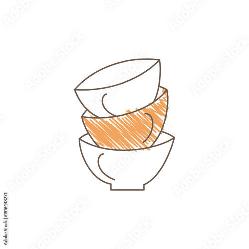 A stack of three cups with one featuring light orange shading accent minimalistic loose hand drawn sketch with simple lines showing volume and elegant form Line art vector illustration