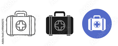 First aid kit icons: outline, solid, and circular variations on white background