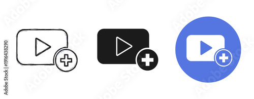Set of three video player icons with add button in different styles