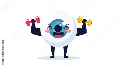 Happy eyeball cartoon character lifting red and yellow dumbbells to represent eye health and vision exercises.