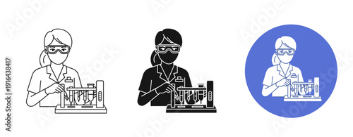 Icon set of female scientists conducting experiments in laboratory