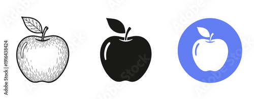 Set of apple icons: hand-drawn outline, solid black, and blue circle silhouette
