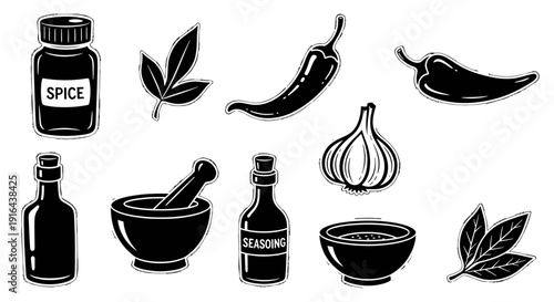 Collection of hand-drawn black and white illustrations of spices, herbs, and condiments, including bottles, garlic, chili peppers, leaves, mortar and pestle, and seasoning powder