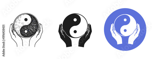Yin yang symbols held by hands: black, sketch, and blue circle variations