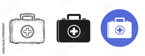 Minimalist first aid kit icons: sketch, solid, and colored variants