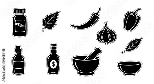 Collection of black and white icons depicting spices, herbs, bottles, a mortar and pestle, and a bowl