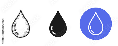 Icon set of artistic water drops: sketch, solid, and modern design