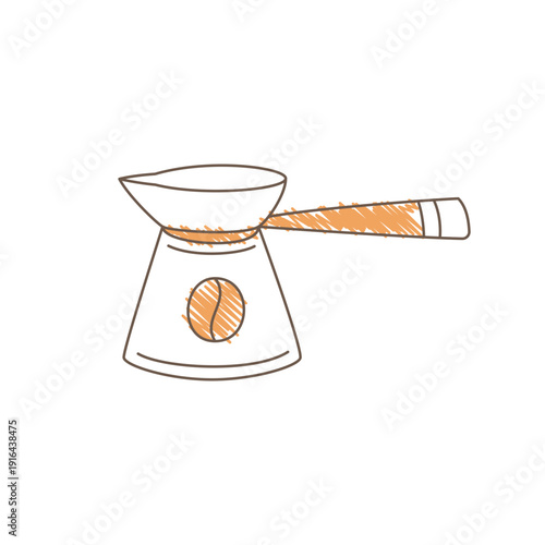 A Turkish coffee pot with a long handle and narrow neck featuring metallic shading and hatching simple loose sketch with uneven flowing lines Line art vector illustration