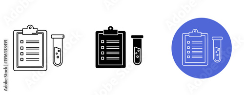 Medical test icons: clipboard and test tube set in monochrome and blue