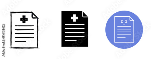 Medical document icons: hand-drawn, black silhouette, blue circle variations