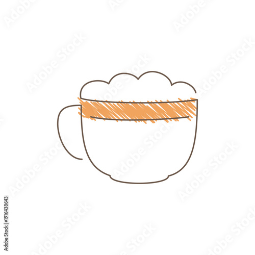 A cappuccino cup with a handle and an orange frothy top illustrated with horizontal hatch lines simple minimalist sketch with uneven rough lines and warm brown tones Line art vector illustration