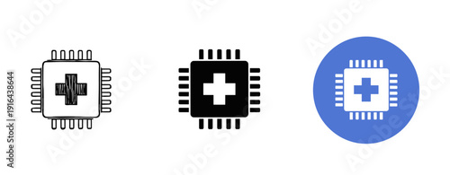 Medical microchip vector icons: black, white, blue variations