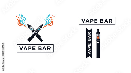 Collection of vape bar logos featuring electronic cigarette illustrations and stylish typography for smoke shops.