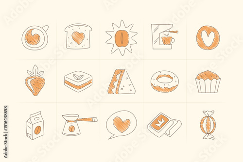 A hand drawn coffee cake and baking illustration set featuring cups beans heart strawberry cake cheese donut cupcake cezve and chocolate bars simple loose sketchy style Line art vector illustration