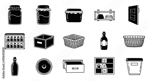 Collection of household and storage items including jars, boxes, baskets, bottles, and shelving