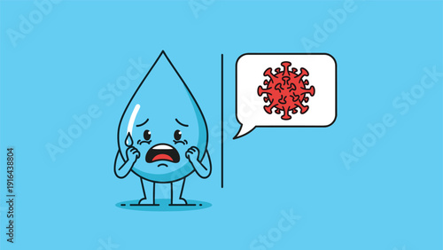 Sad water drop character crying and feeling afraid while looking at a red virus icon inside a small speech bubble.