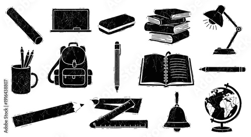 Collection of school and study-related objects including books, stationery, backpack, desk lamp, globe, and electronic devices