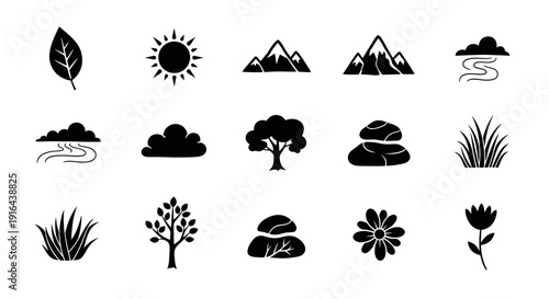 Collection of 15 black and white nature-themed icons including leaves, sun, mountains, clouds, water, trees, rocks, grass, flower